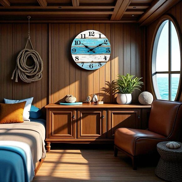 Rustic Beach-Themed Wall Clock  10” Round Distressed Wood Look Blue White Stripe - Picture 5 of 5